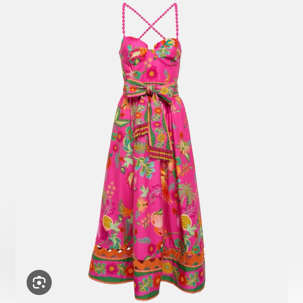 NWT 🏷️ FARM Rio Pink Delicate Fruit Garden Midi Dress with Beaded Straps